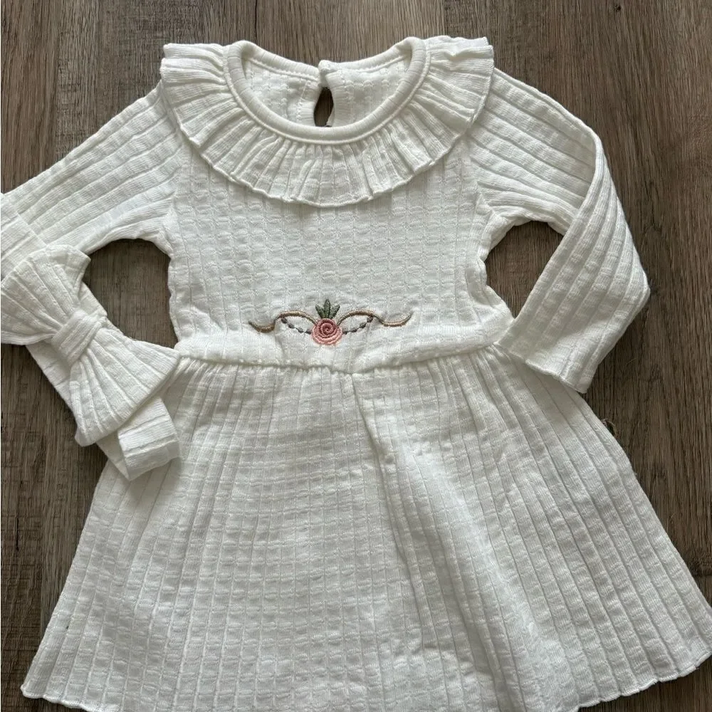Organic Cotton Baby Girl Knit Ribbed Dress Outfit, Soft light Flower Clothing